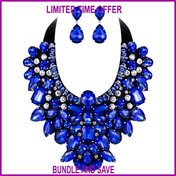 Rhinestone Crystal Statement Necklace Earrings Set Lobster Clasp Adjustable